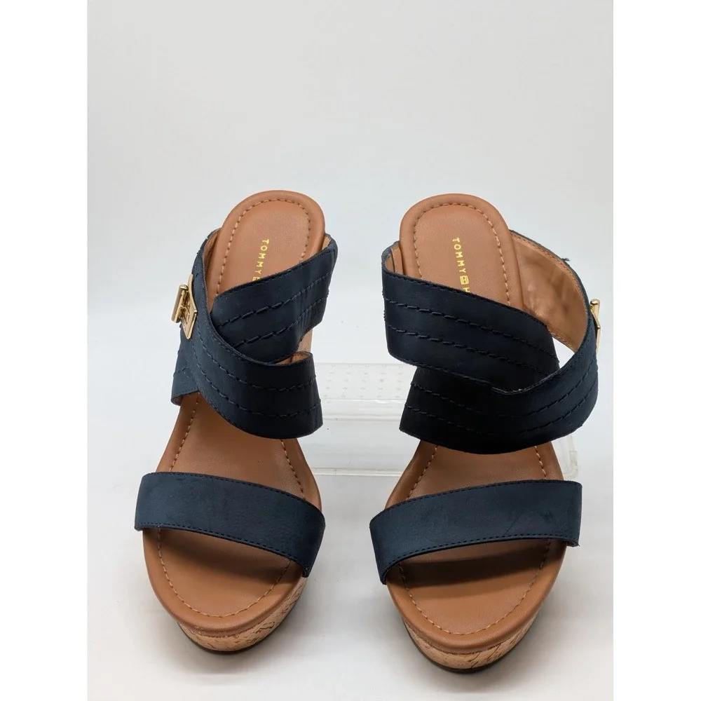 Tommy Hilfiger Womens 8.5M Navy Blue Cork Wedge Sandals Platform Gold Hardware